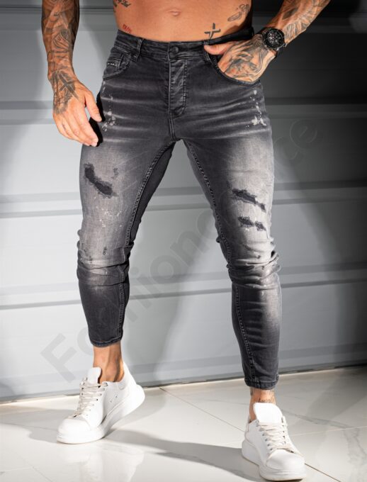 Мъжки сиви Skinny Fit дънки с надран и изтъркан ефект-код 4861-1