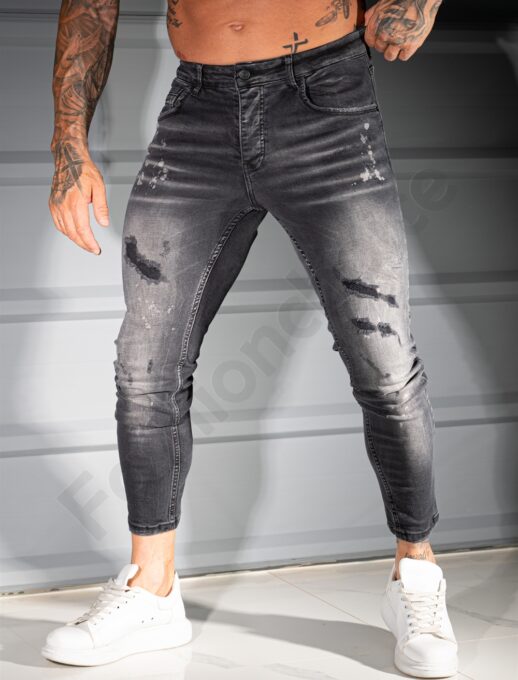 Мъжки сиви Skinny Fit дънки с надран и изтъркан ефект-код 4861-1