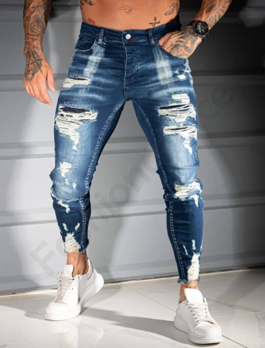Мъжки тъмносини Skinny дънки с накъсан и избелял ефект-код 4934