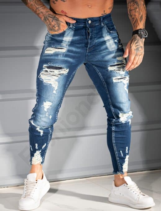 Мъжки тъмносини Skinny дънки с накъсан и избелял ефект-код 4934