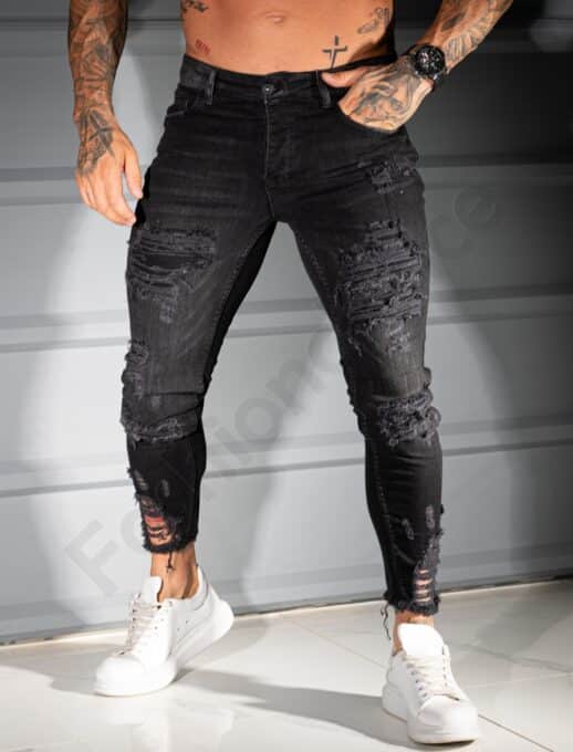 Мъжки черни Skinny дънки с накъсан и надран ефект-код 6189-6