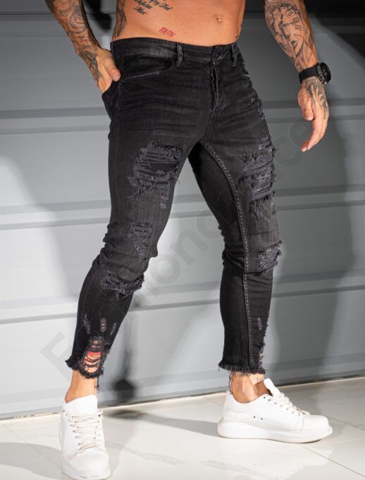Мъжки черни Skinny дънки с накъсан и надран ефект-код 6189-6