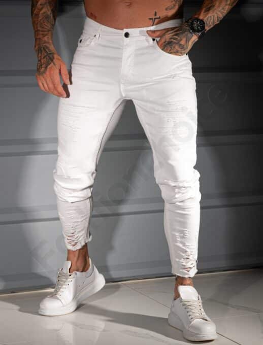 Мъжки бели Skinny Fit дънки с накъсан и надран ефект-код 4848-5