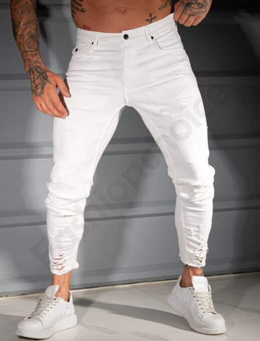 Мъжки бели Skinny Fit дънки с накъсан и надран ефект-код 4848-5
