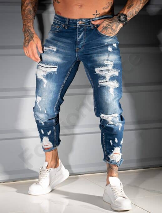 Мъжки тъмносини Skinny Fit дънки с накъсан и изтъркан ефект/34-44/-код 4928-5