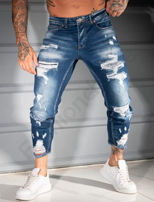 Мъжки тъмносини Skinny Fit дънки с накъсан и изтъркан ефект/34-44/-код 4928-5