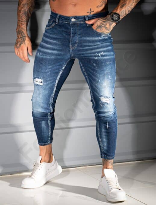 Мъжки сини Skinny дънки с накъсан и изтъркан ефект-код 4919