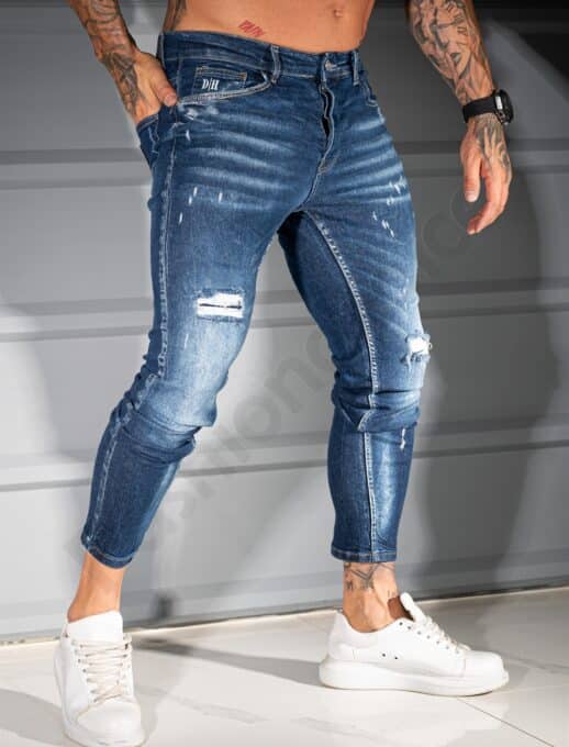 Мъжки сини Skinny дънки с накъсан и изтъркан ефект-код 4919