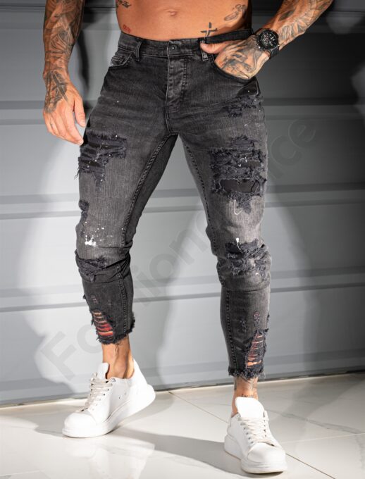 Мъжки черни Skinny дънки с накъсване и бели пръски-код 6267-5
