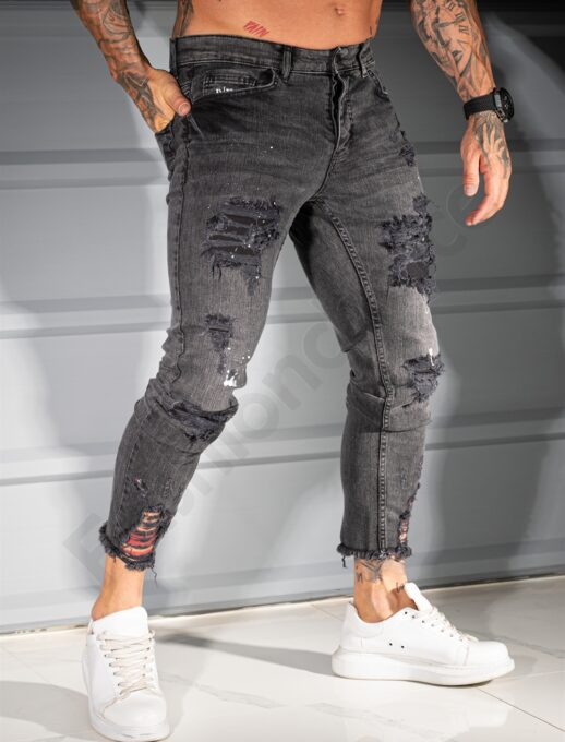 Мъжки черни Skinny дънки с накъсване и бели пръски-код 6267-5