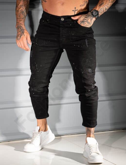 Мъжки черни дънки с надран ефект и бели пръски /34-42/-код 2124