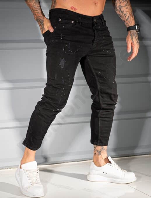 Мъжки черни дънки с надран ефект и бели пръски /34-42/-код 2124