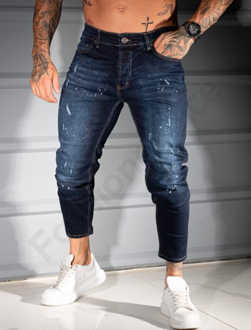Мъжки тъмносини дънки с надран ефект и бели пръски /34-42/-код 2123