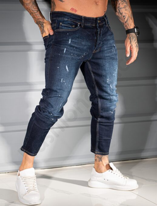 Мъжки тъмносини дънки с надран ефект и бели пръски /34-42/-код 2123