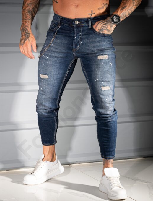 Мъжки тъмносини Skinny Fit дънки с бели пръски-код 1044