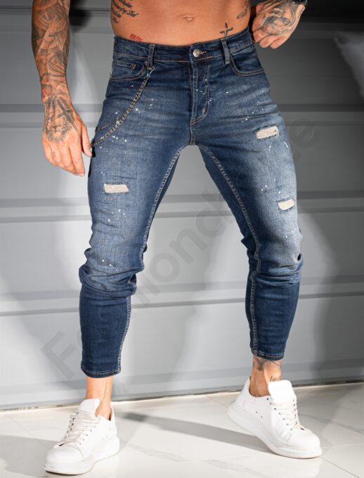 Мъжки тъмносини Skinny Fit дънки с бели пръски-код 1044