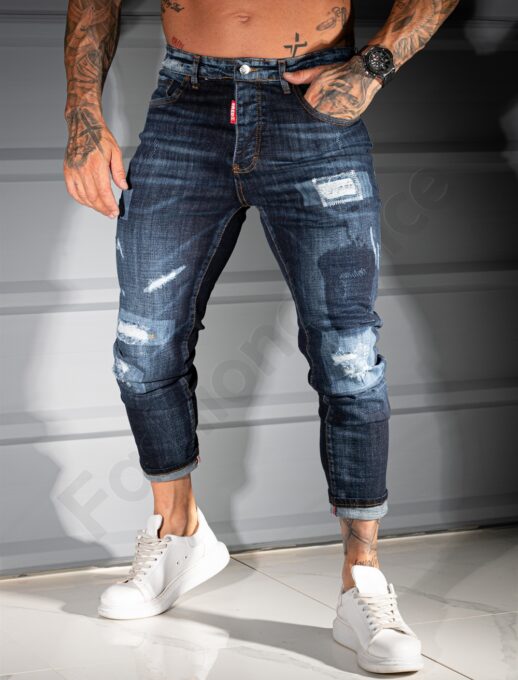Мъжки тъмносини Skinny дънки с кръпки и накъсан ефект-код 291