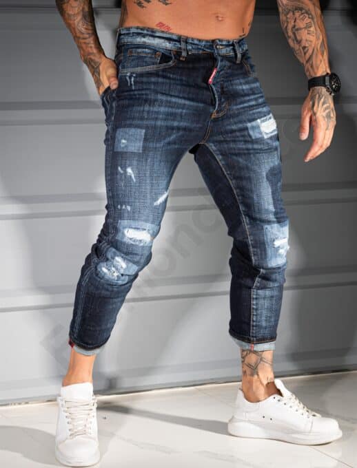 Мъжки тъмносини Skinny дънки с кръпки и накъсан ефект-код 291