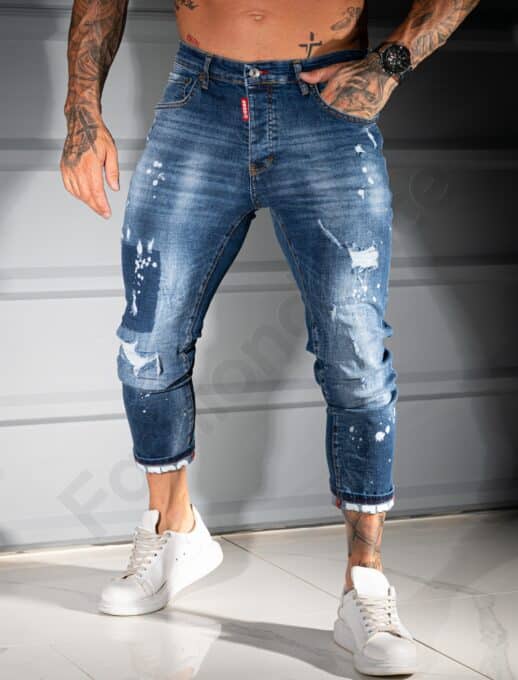 Мъжки сини Skinny дънки с леко накъсан и надран ефект-код 811