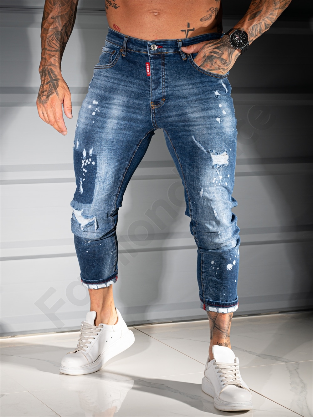 Мъжки сини Skinny дънки с леко накъсан и надран ефект-код 811