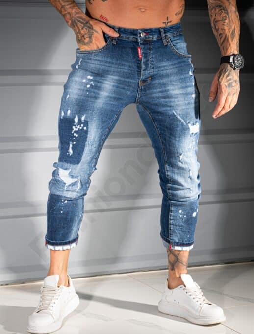 Мъжки сини Skinny дънки с леко накъсан и надран ефект-код 811