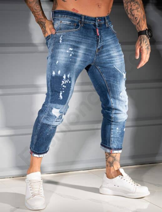 Мъжки сини Skinny дънки с леко накъсан и надран ефект-код 811