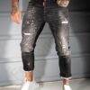 Мъжки черни Skinny дънки с накъсване и бели пръски-код 810-01
