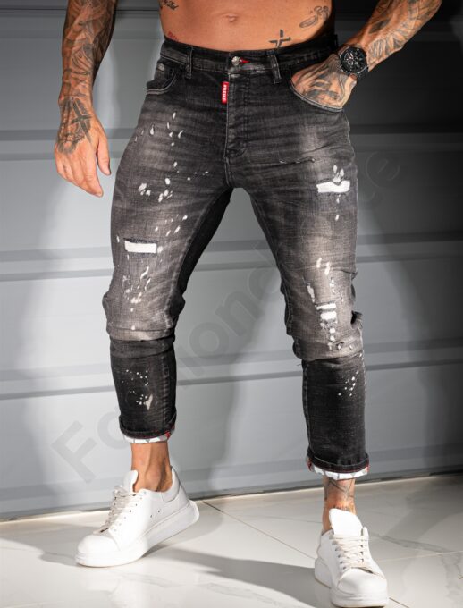 Мъжки черни Skinny дънки с накъсване и бели пръски-код 810-01