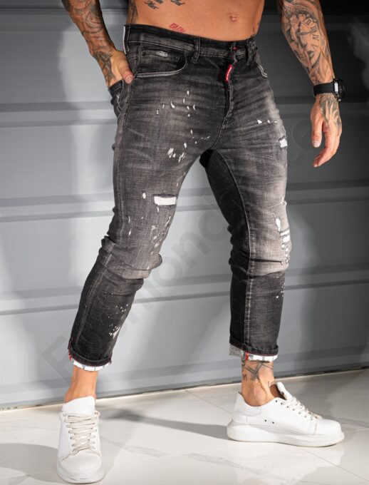 Мъжки черни Skinny дънки с накъсване и бели пръски-код 810-01