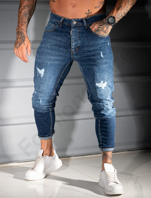 Мъжки тъмносини Skinny Fit дънки с надран и накъсан ефект-код 595