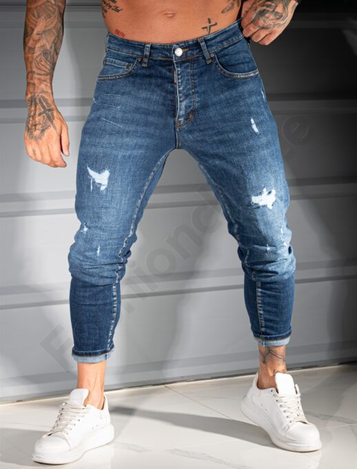 Мъжки тъмносини Skinny Fit дънки с надран и накъсан ефект-код 595