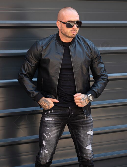 Мъжко кожено бомбър яке със столче яка-черно-код 88120
