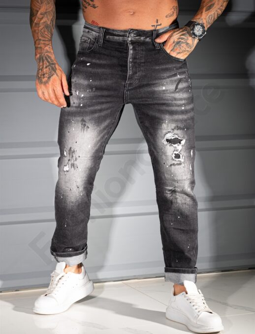 Мъжки черни дънки BOYFRIEND FIT с изтъркан ефект и пръски-код 8543