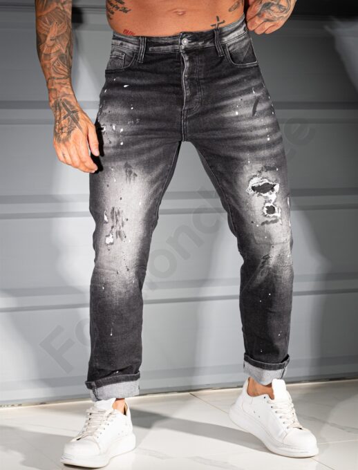Мъжки черни дънки BOYFRIEND FIT с изтъркан ефект и пръски-код 8543