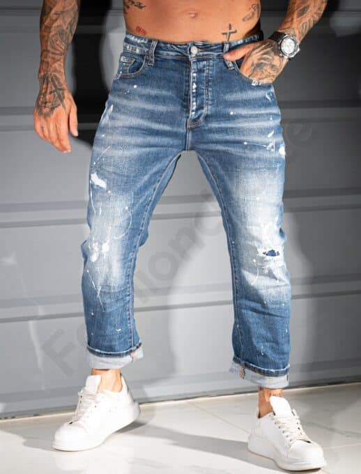 Мъжки сини дънки BOYFRIEND FIT с изтъркан ефект и бели пръски-код 8624