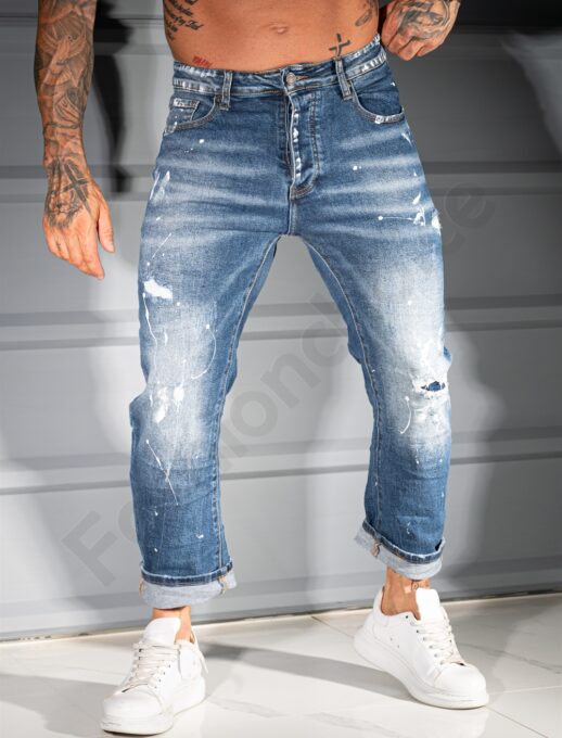 Мъжки сини дънки BOYFRIEND FIT с изтъркан ефект и бели пръски-код 8624