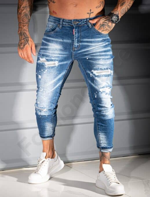 Мъжки сини дънки Skinny Fit с накъсан ефект-код 1173