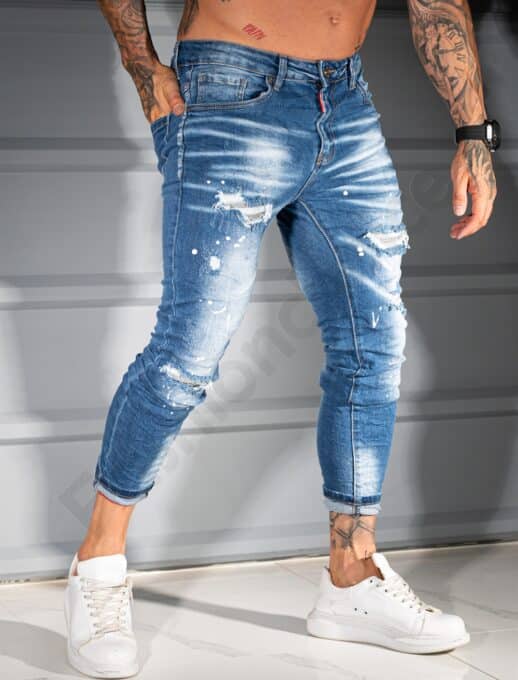 Мъжки сини дънки Skinny Fit с накъсан ефект-код 1173