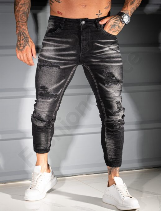 Мъжки черни Skinny дънки с накъсан и изтъркан ефект-код 1186