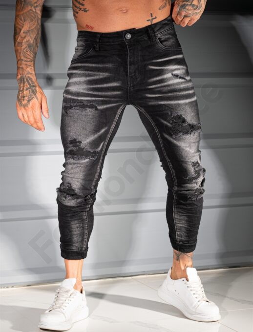 Мъжки черни Skinny дънки с накъсан и изтъркан ефект-код 1186