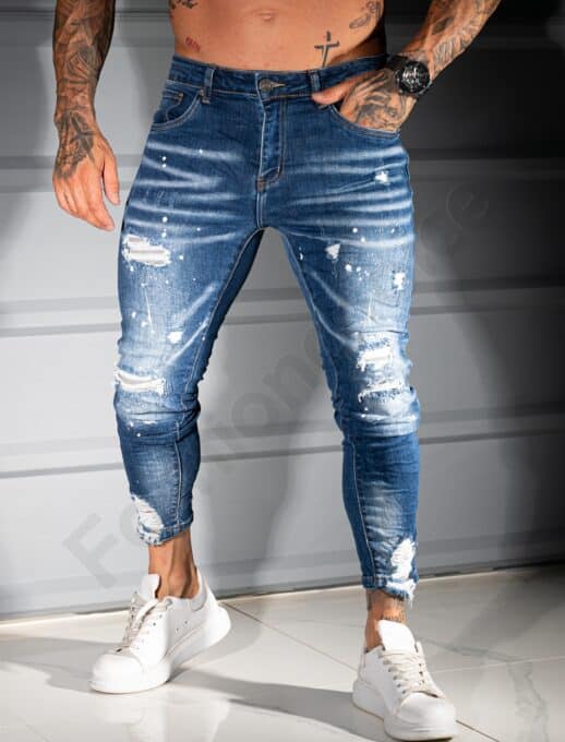 Мъжки тъмносини дънки Skinny Fit с накъсан ефект и бели пръски-код 1166