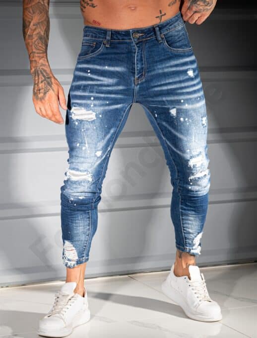 Мъжки тъмносини дънки Skinny Fit с накъсан ефект и бели пръски-код 1166