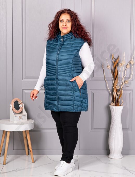 Дълга олекотена дамска макси грейка с качулка-петрол-код 2306-3