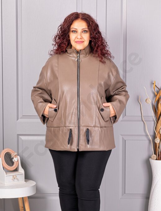 Кокетно макси кожено яке с висока якичка и връзки-мока-код 53282-2