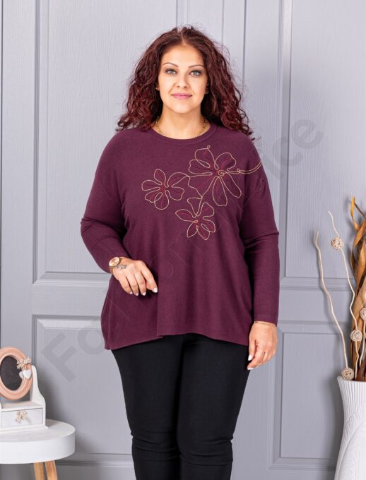 Макси туника фино плетиво с апликация от мъниста-марсала-код 6869-1