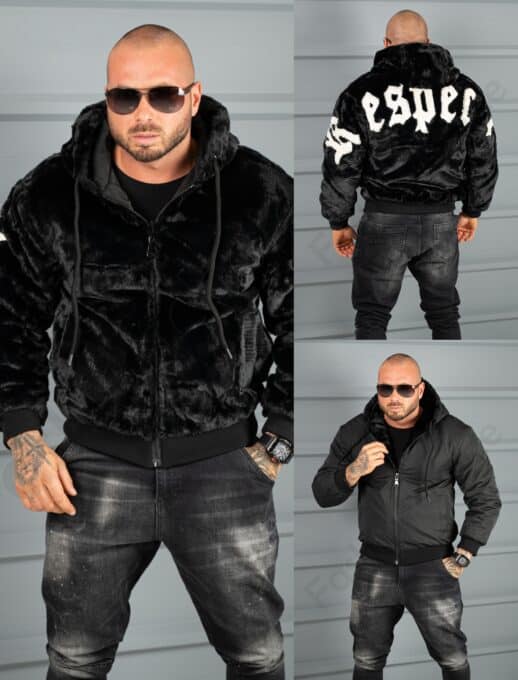 Мъжко пухено двулицево бомбър яке с апликация RESPECT-черно-код 1916
