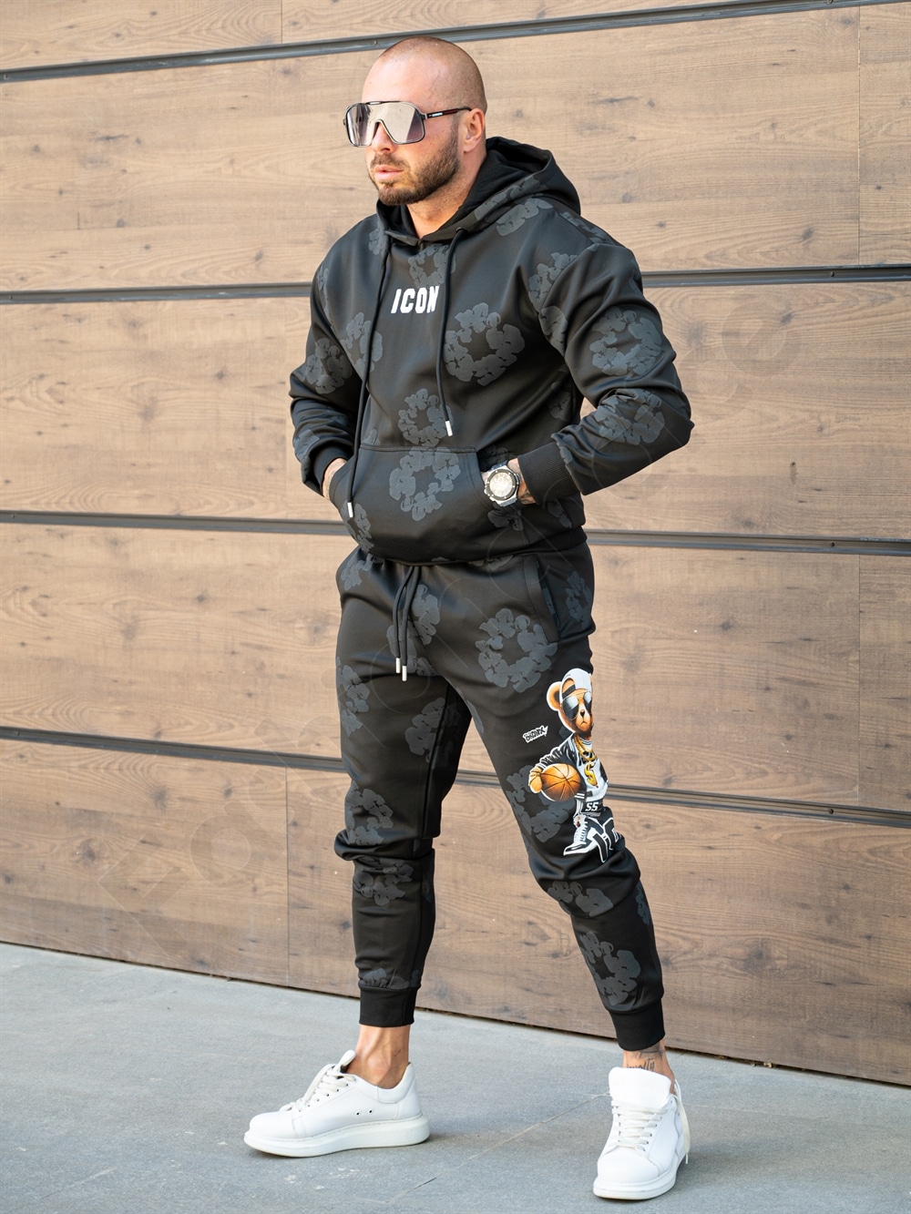 Мъжки комплект с худи горнище и голяма щампа ICON с мече-черно-код 349