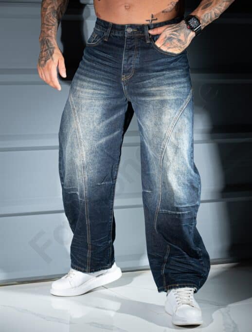 Мъжки BAGGY STYLE дънки в тъмносин деним с изтъркан ефект-код 8674