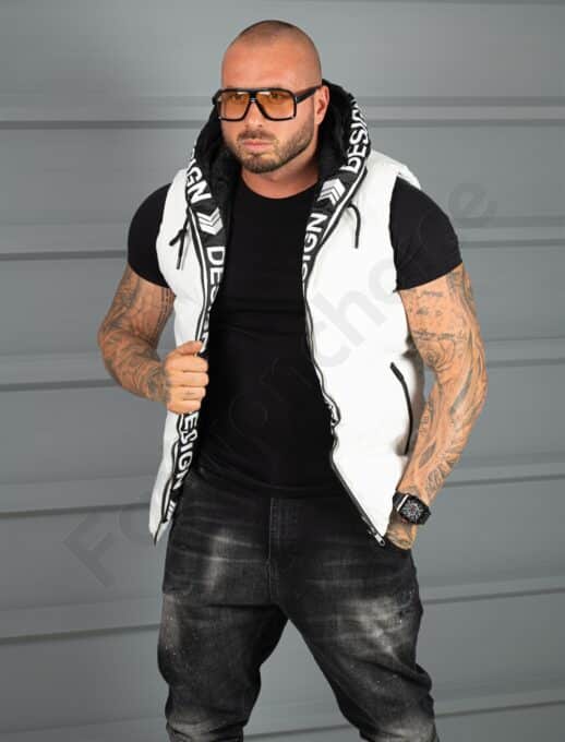 Мъжка плътна грейка с качулка и ефектни надписи-бяло-код 170152-1