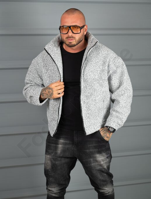 Мъжко Oversize яке от плътно букле с висока яка-сив меланж-код 26030-1